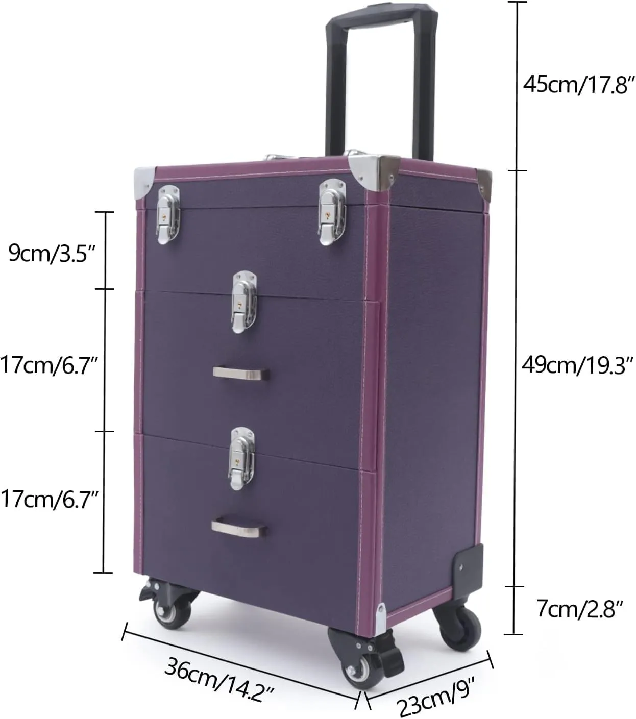 Makeup Train Case,Makeup Case on Wheels,Rolling Makeup Case with 45 Compartments and 3 Storage Layers,Travel Cosmetic Train Case for Beauty Blogger Make up Artist Hairstylist(Purple)