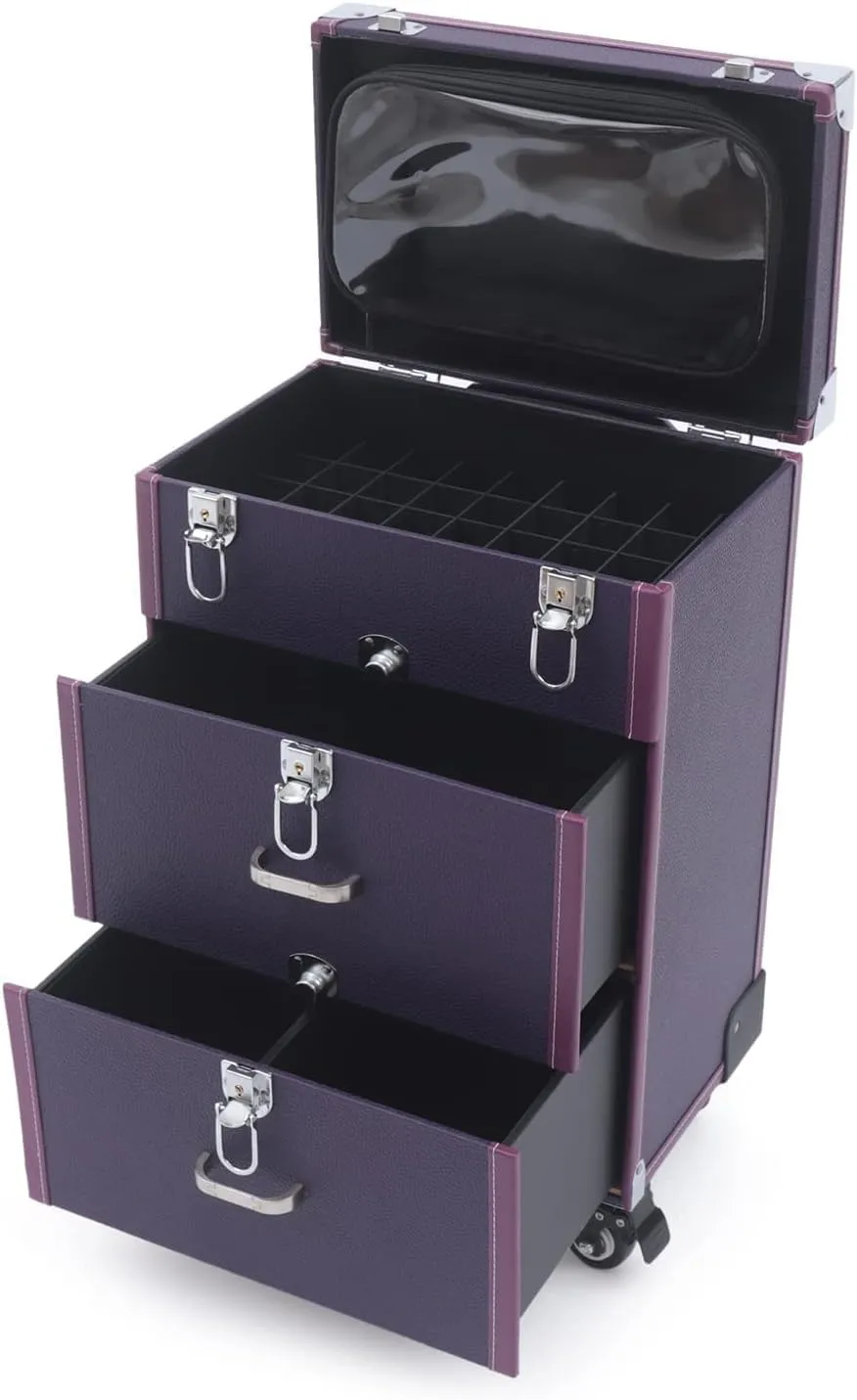 Makeup Train Case,Makeup Case on Wheels,Rolling Makeup Case with 45 Compartments and 3 Storage Layers,Travel Cosmetic Train Case for Beauty Blogger Make up Artist Hairstylist(Purple)