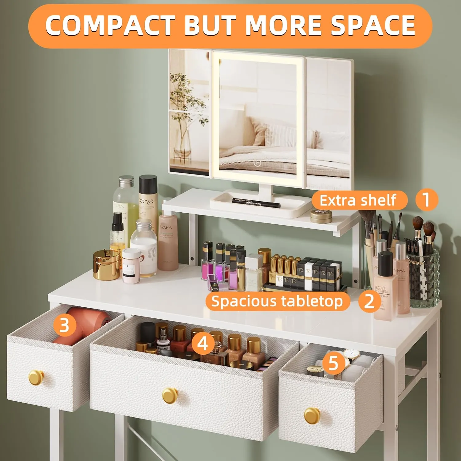 Makeup Vanity Desk 27.5''W with Mirror and Lights, Small Vanity Desk with 3 Fabric Drawers and Height-Adjustable Stand, Makeup Table for Girls, Bedroom and Small Spaces, White