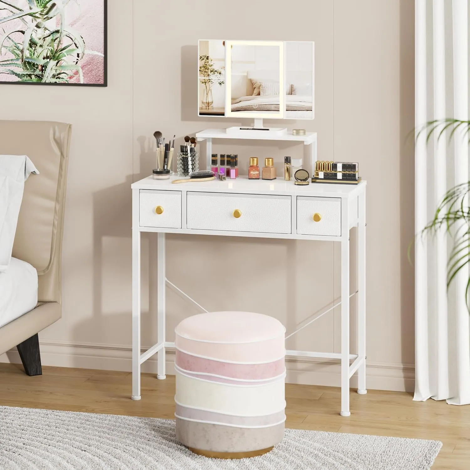 Makeup Vanity Desk 27.5''W with Mirror and Lights, Small Vanity Desk with 3 Fabric Drawers and Height-Adjustable Stand, Makeup Table for Girls, Bedroom and Small Spaces, White