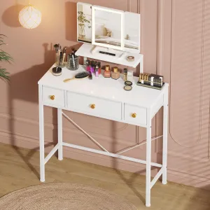 Makeup Vanity Desk 27.5''W with Mirror and Lights, Small Vanity Desk with 3 Fabric Drawers and Height-Adjustable Stand, Makeup Table for Girls, Bedroom and Small Spaces, White