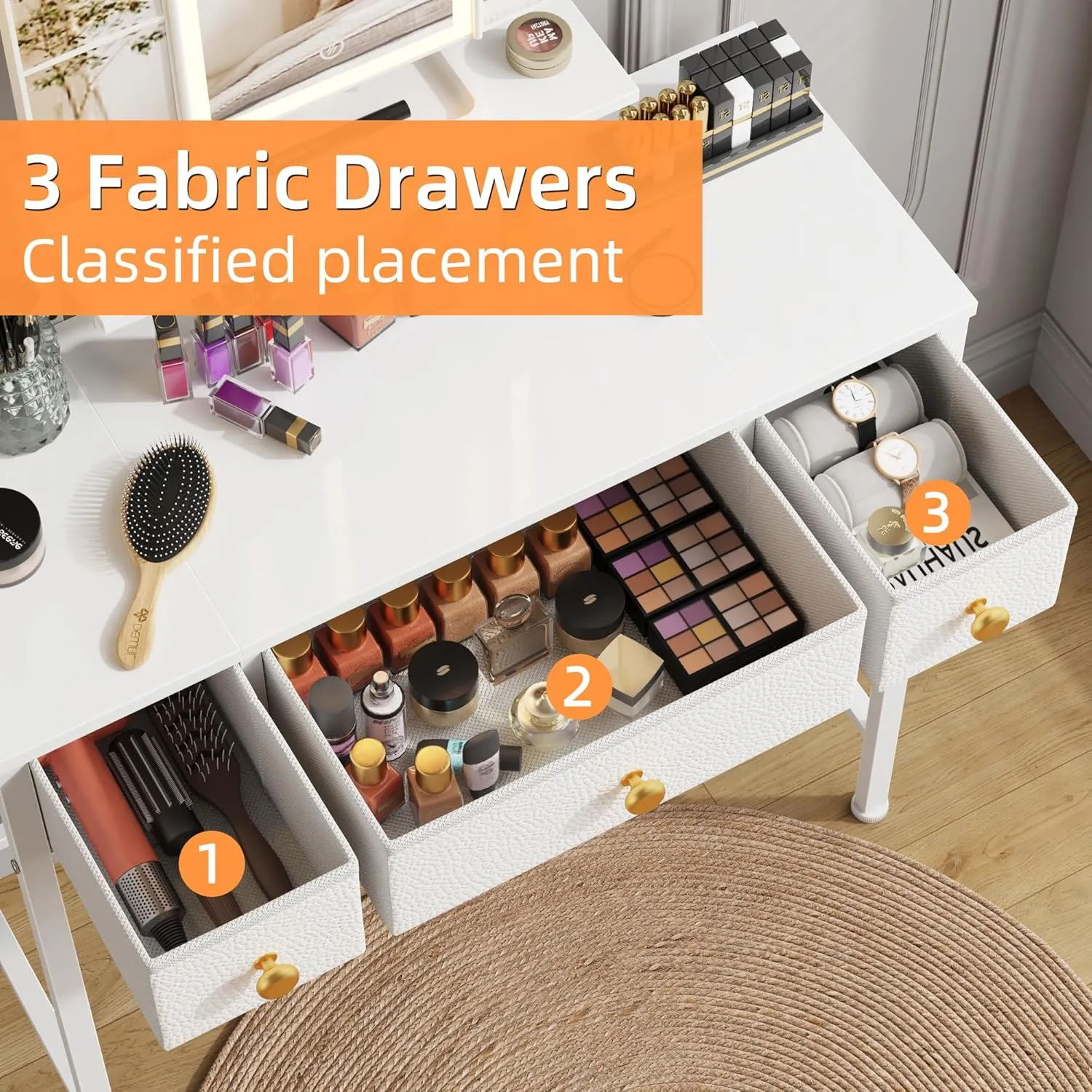 Makeup Vanity Desk 27.5''W with Mirror and Lights, Small Vanity Desk with 3 Fabric Drawers and Height-Adjustable Stand, Makeup Table for Girls, Bedroom and Small Spaces, White