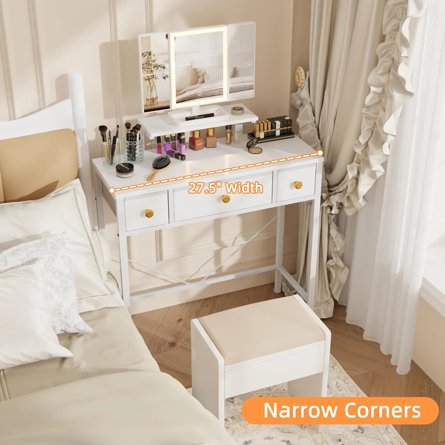 Makeup Vanity Desk 27.5''W with Mirror and Lights, Small Vanity Desk with 3 Fabric Drawers and Height-Adjustable Stand, Makeup Table for Girls, Bedroom and Small Spaces, White