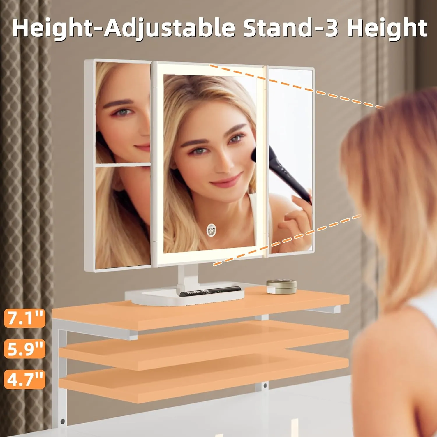 Makeup Vanity Desk 27.5''W with Mirror and Lights, Small Vanity Desk with 3 Fabric Drawers and Height-Adjustable Stand, Makeup Table for Girls, Bedroom and Small Spaces, White