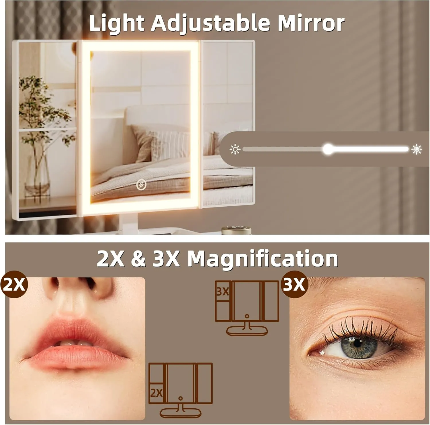 Makeup Vanity Desk 27.5''W with Mirror and Lights, Small Vanity Desk with 3 Fabric Drawers and Height-Adjustable Stand, Makeup Table for Girls, Bedroom and Small Spaces, White