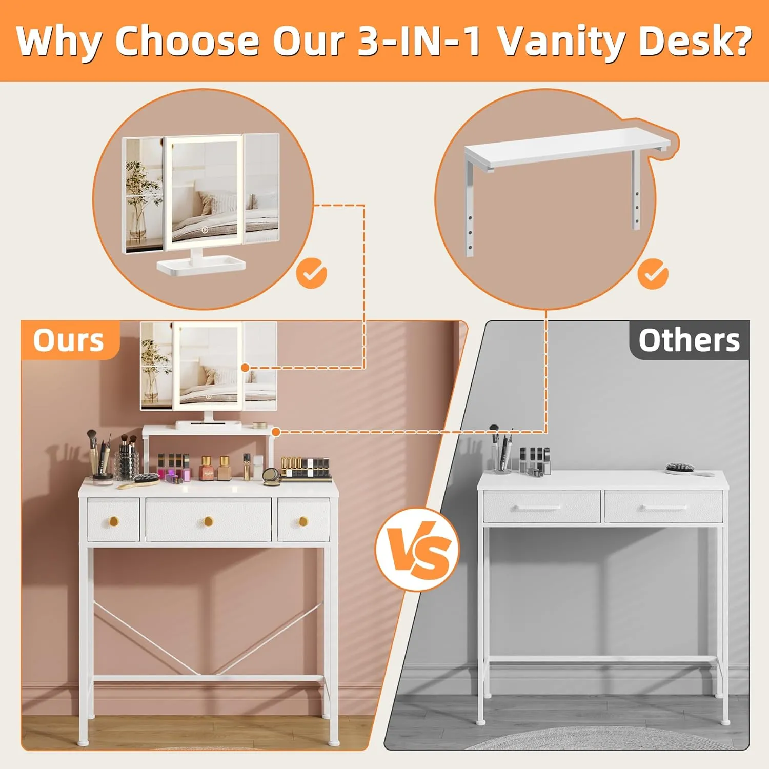Makeup Vanity Desk 27.5''W with Mirror and Lights, Small Vanity Desk with 3 Fabric Drawers and Height-Adjustable Stand, Makeup Table for Girls, Bedroom and Small Spaces, White