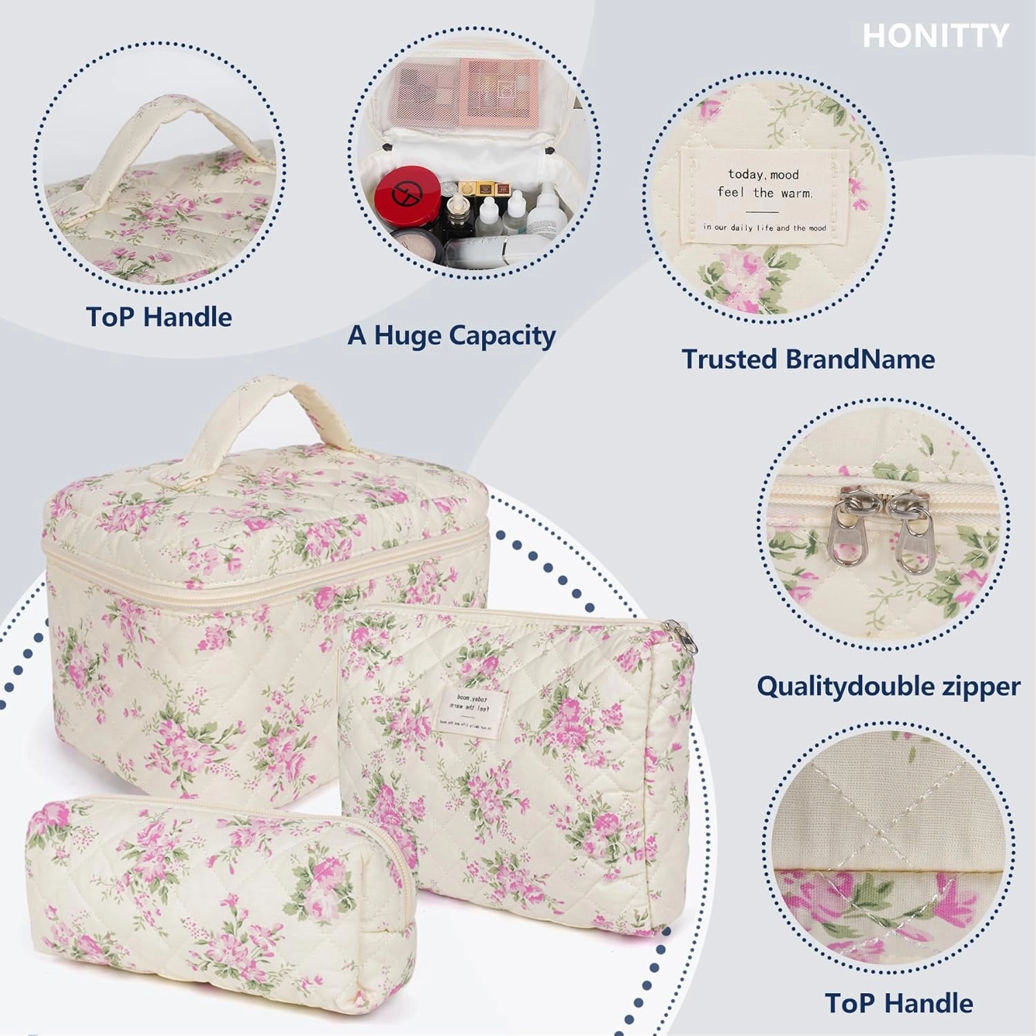 Makeup Bag,Quilted Cosmetic Bags,Large Floral Make Up Organize bag,Makeup Bag Set for Women,Flower Travel Toiletry Bag