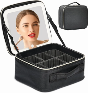 Makeup Bag with Mirror – Portable PU leather Travel Makeup Bag with LED Mirror, 3 Light Modes with Rechargeable 2000Mah Battery Makeup Bag with Brush Storage Eva Dividers with Zip Closure