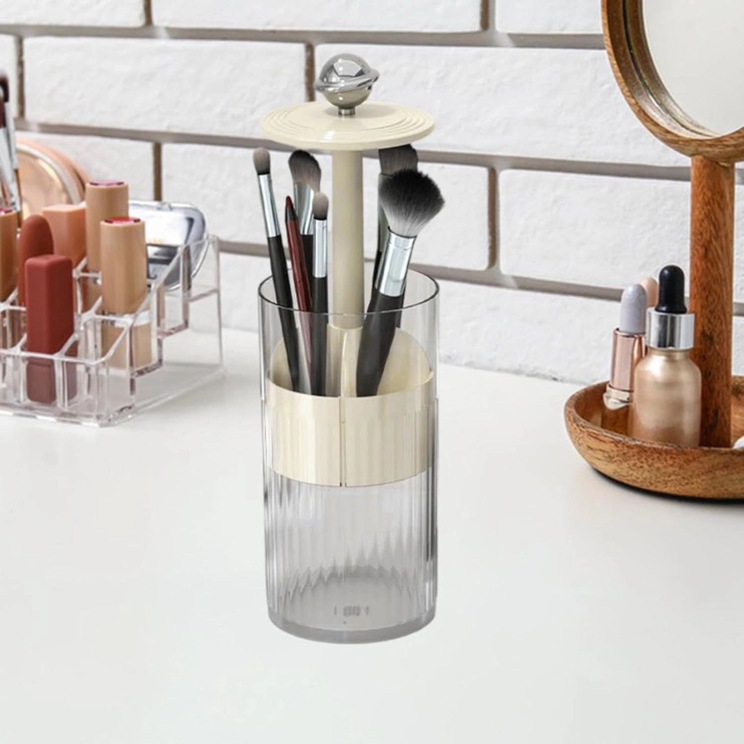 Makeup Brush Holder Transparent Automatic Lifting Gift for Girlfriend Wife Makeup Organizer with Lid for Vanity Dorm Office, Silver and White