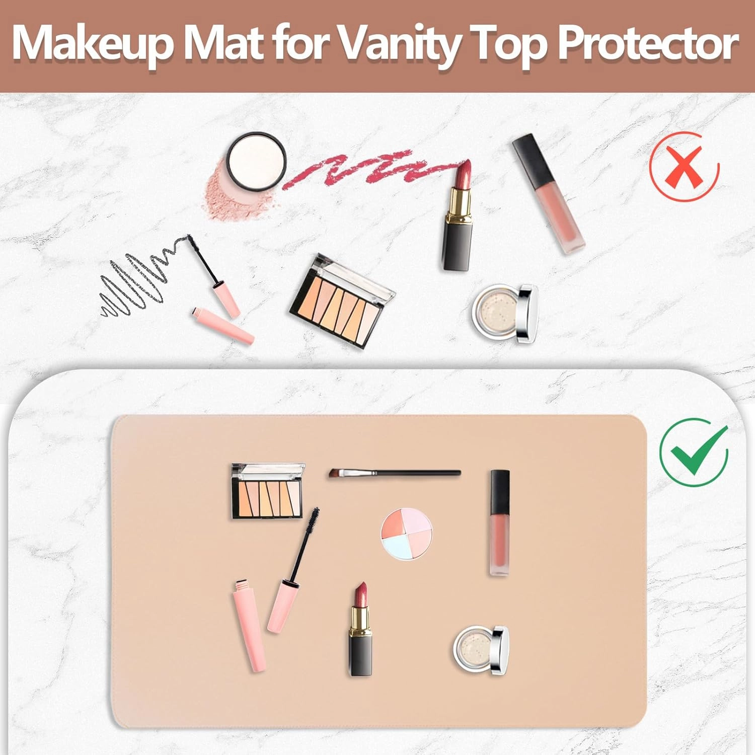 Makeup Mat for Vanity Top Protector,Dresser Protector Top Vanity Essentials,Craft Mats to Protect Table,Nail Art Table Mat,Vanity Desk Cover Pads, Dresser Cover Top Mats,31.5x15.7in (White & Khaki)