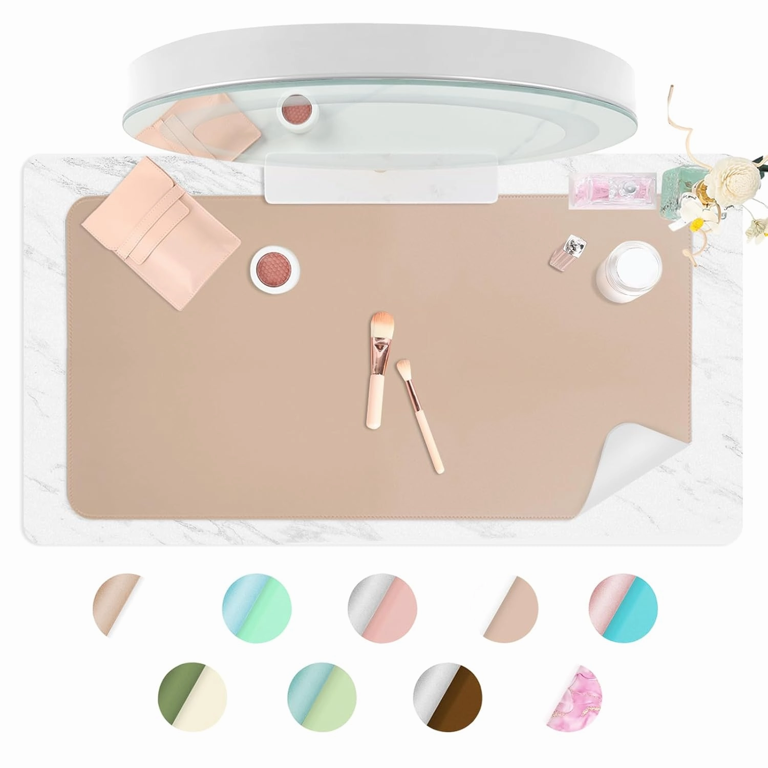 Makeup Mat for Vanity Top Protector,Dresser Protector Top Vanity Essentials,Craft Mats to Protect Table,Nail Art Table Mat,Vanity Desk Cover Pads, Dresser Cover Top Mats,31.5x15.7in (White & Khaki)