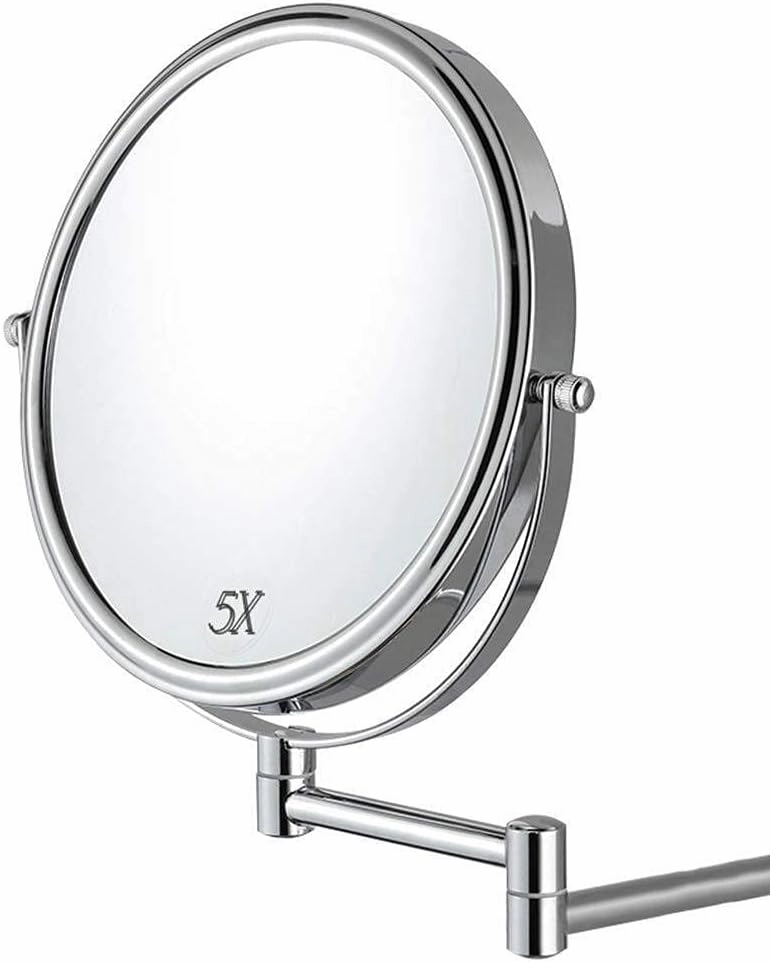 Makeup Mirror Wall-Mounted 8-inch Vanity Mirror Telescopic Bathroom Silver Mirror 5X Magnification Double-Sided Vanity Mirror