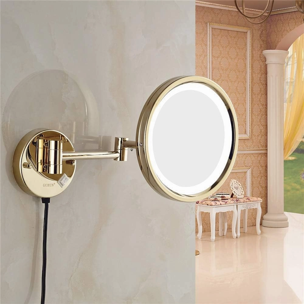 Makeup Mirrors Magnifying LED Vanity Mirrors for Bathroom 8 Inch Wall Mounted Brass Mirrors with Switch Plug(3X)