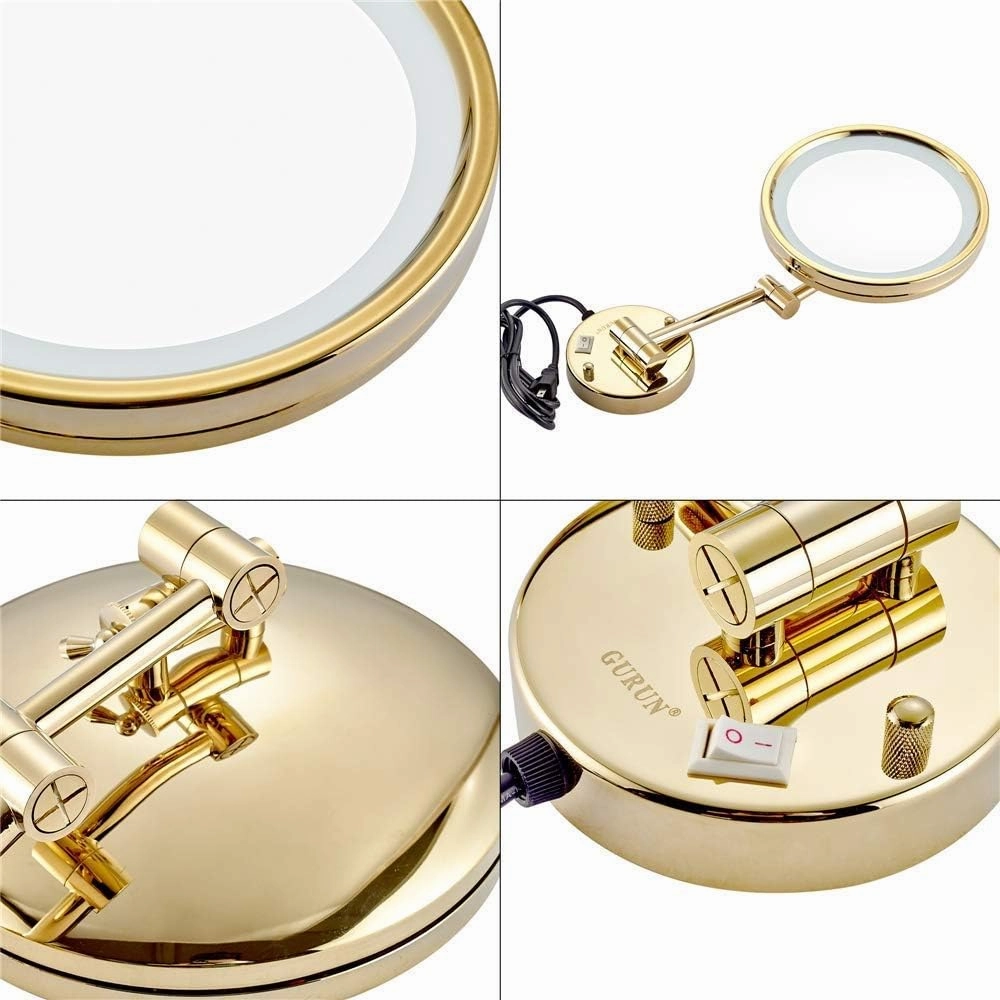 Makeup Mirrors Magnifying LED Vanity Mirrors for Bathroom 8 Inch Wall Mounted Brass Mirrors with Switch Plug(3X)