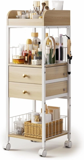 Makeup Organizer Cart, Rolling Floor Skincare Organizer and Storage with 2 Wooden Drawers, Cosmetics Display Cases Holder for Skin Care Perfume Hair Tools Nail Polish