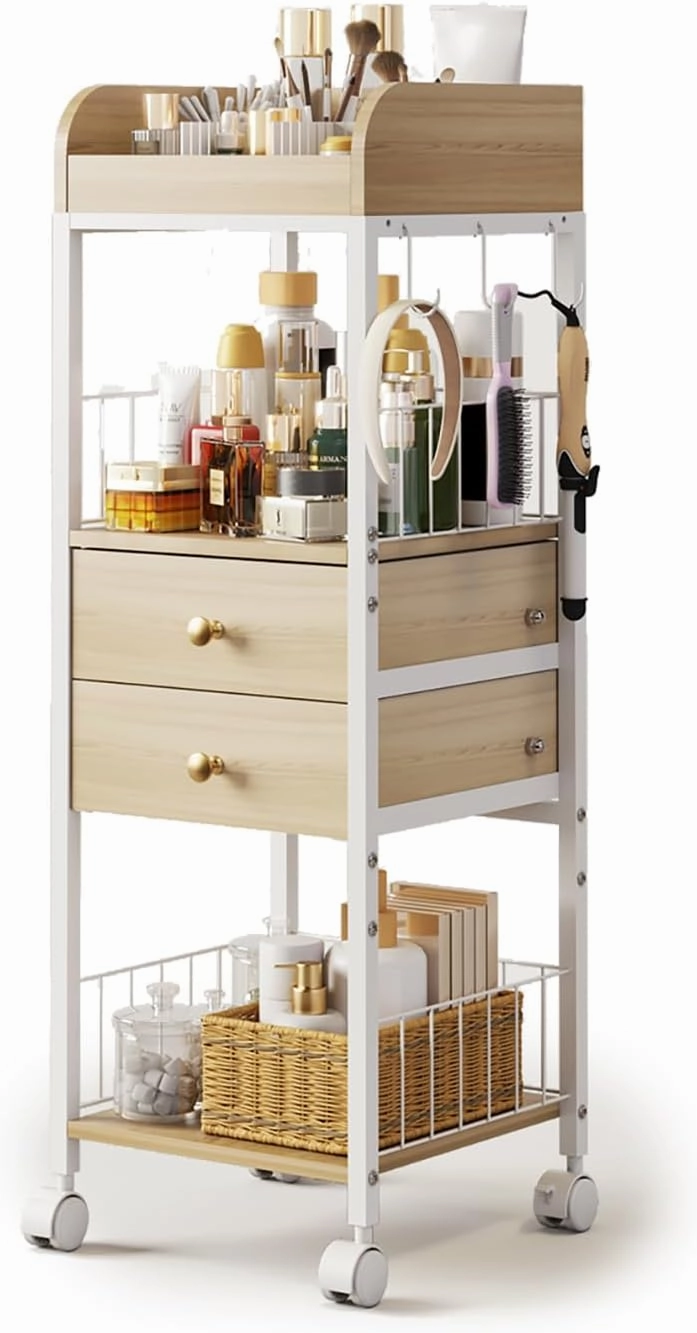 Makeup Organizer Cart, Rolling Floor Skincare Organizer and Storage with 2 Wooden Drawers, Cosmetics Display Cases Holder for Skin Care Perfume Hair Tools Nail Polish