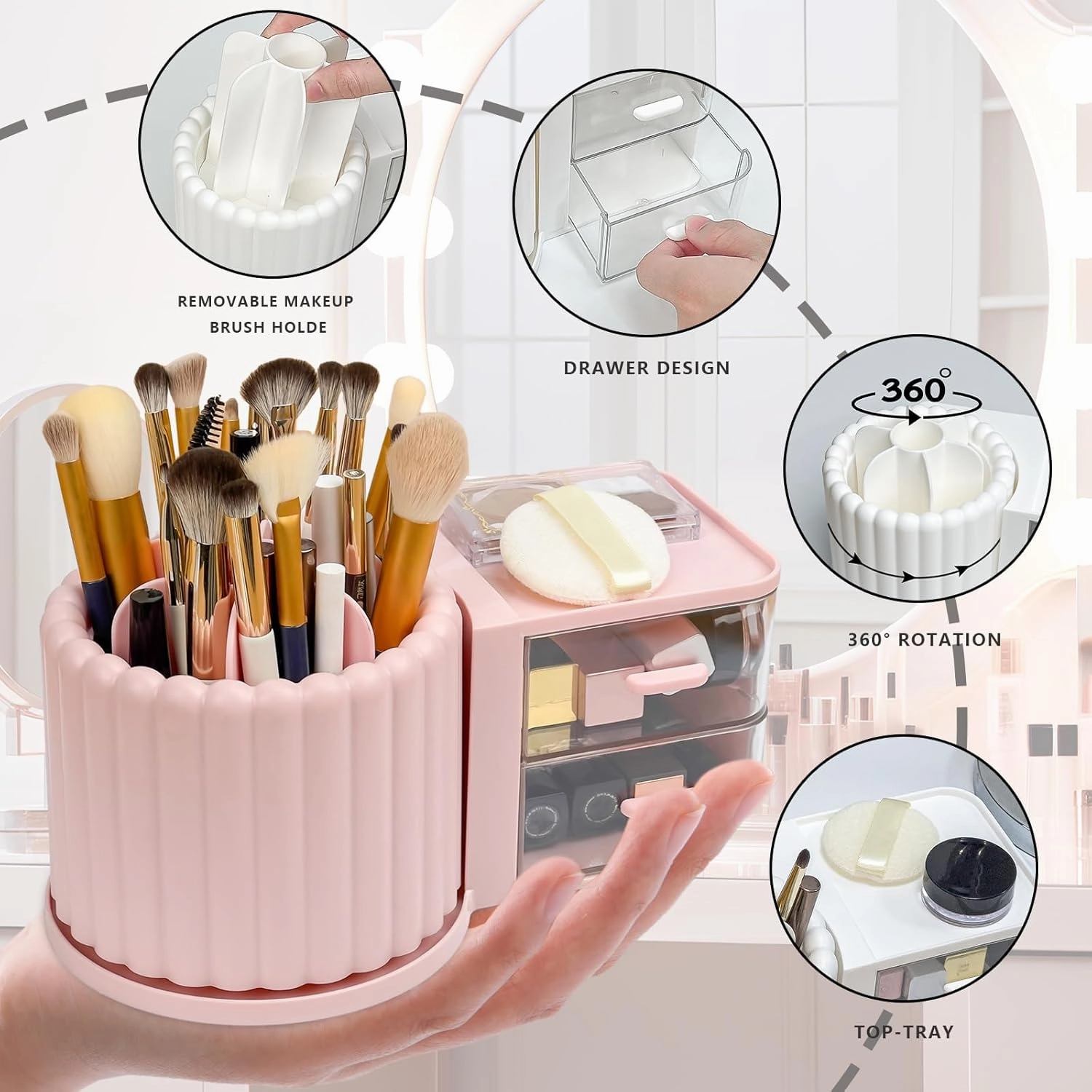 Makeup Organizer Countertop,360 Rotating Makeup Brush Holder with 2 Drawer Organizer, Small Preppy Kids Desk Organizer|9.25x5.11inch|White