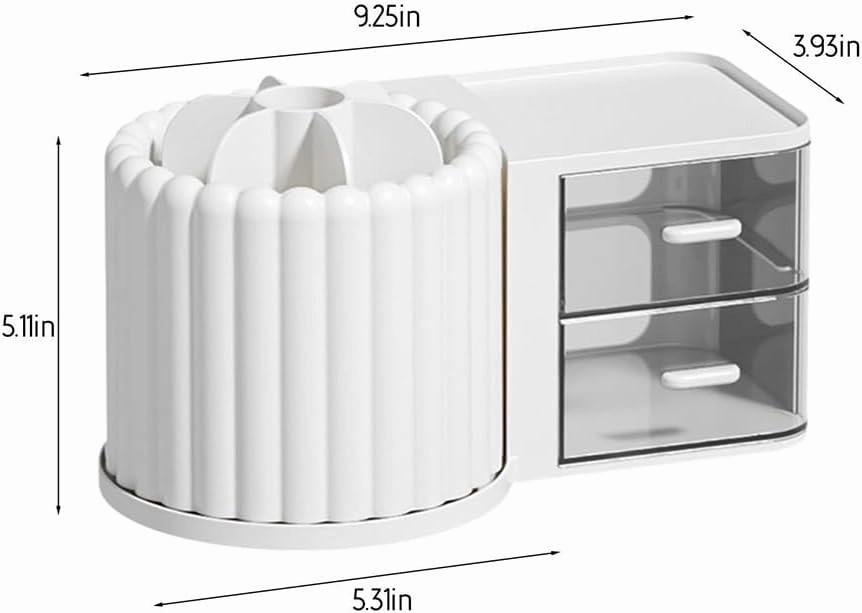Makeup Organizer Countertop,360 Rotating Makeup Brush Holder with 2 Drawer Organizer, Small Preppy Kids Desk Organizer|9.25x5.11inch|White