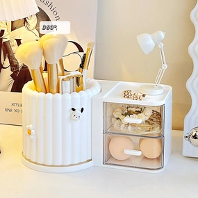 Makeup Organizer Countertop,360 Rotating Makeup Brush Holder with 2 Drawer Organizer, Small Preppy Kids Desk Organizer|9.25x5.11inch|White