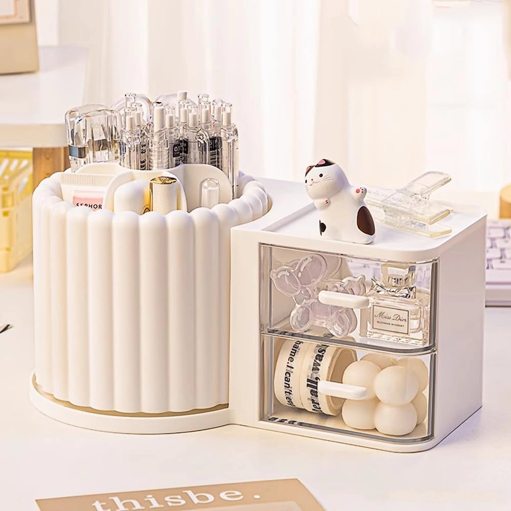 Makeup Organizer Countertop,360 Rotating Makeup Brush Holder with 2 Drawer Organizer, Small Preppy Kids Desk Organizer|9.25x5.11inch|White
