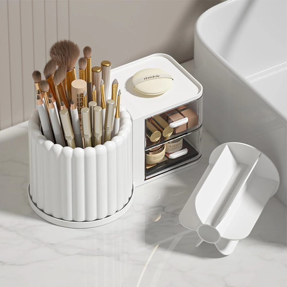 Makeup Organizer Countertop,360 Rotating Makeup Brush Holder with 2 Drawer Organizer, Small Preppy Kids Desk Organizer|9.25x5.11inch|White