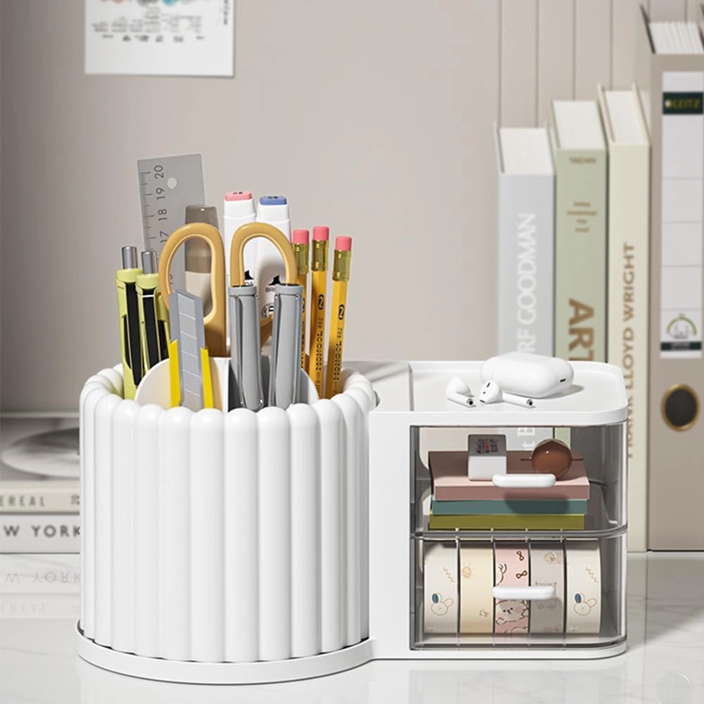 Makeup Organizer Countertop,360 Rotating Makeup Brush Holder with 2 Drawer Organizer, Small Preppy Kids Desk Organizer|9.25x5.11inch|White