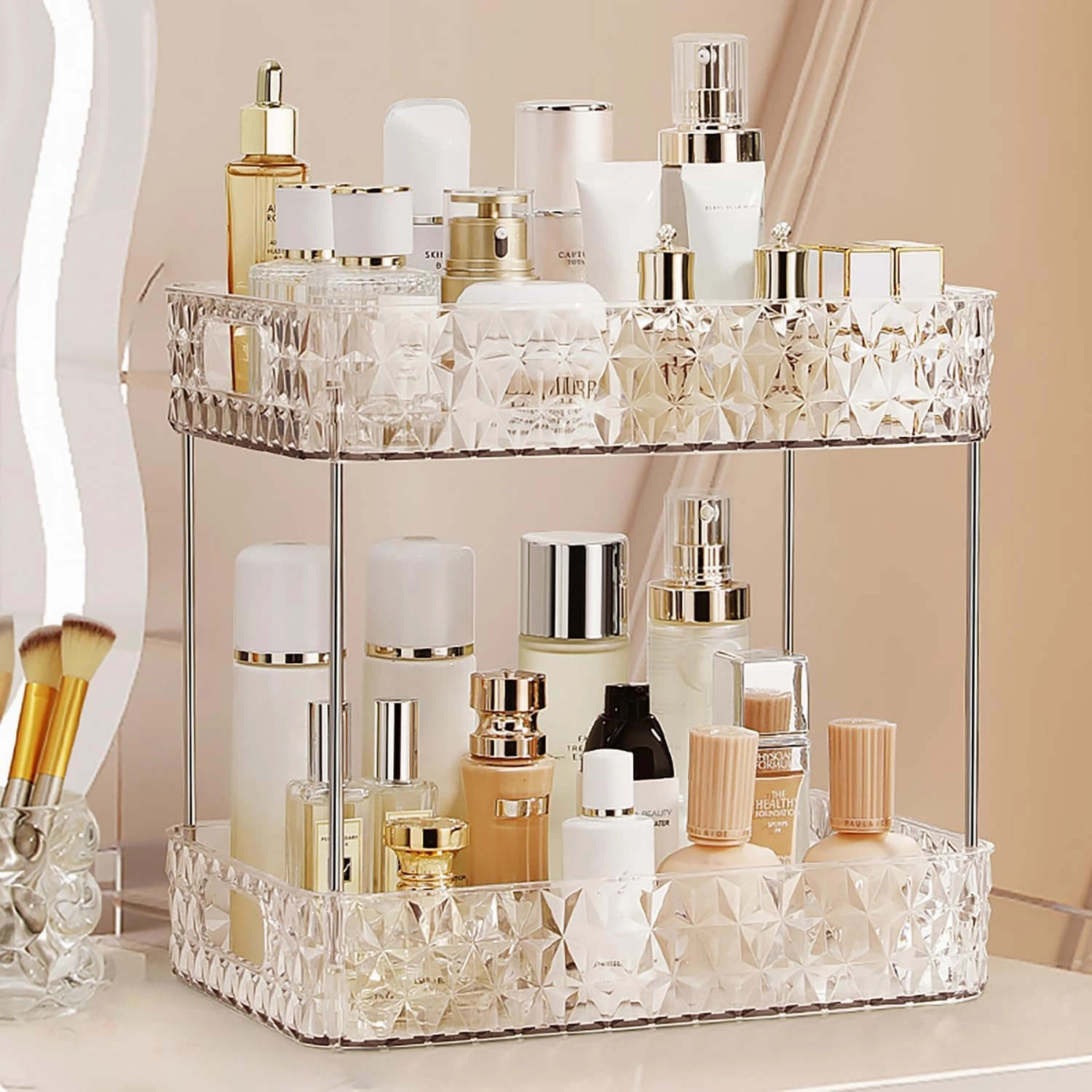Makeup Organizer for Vanity, High-Capacity Clear Makeup Storage Perfume Organizers,Cosmetic Display Cases,Bathroom Countertop Organizer(Crystal Clear, 2Tier)