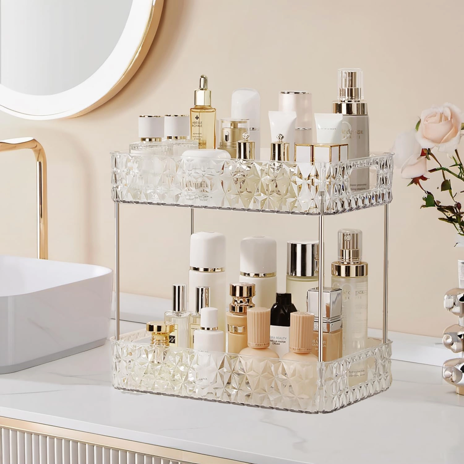 Makeup Organizer for Vanity, High-Capacity Clear Makeup Storage Perfume Organizers,Cosmetic Display Cases,Bathroom Countertop Organizer(Crystal Clear, 2Tier)