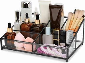 Makeup Organizer with 6 Sections, Make Up Holders and Organizers for Brushes, Make Up, Perfume, Makeup Holder for Desk, Bathroom, Vanity, Black
