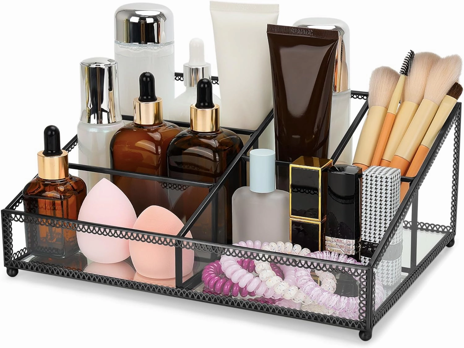 Makeup Organizer with 6 Sections, Make Up Holders and Organizers for Brushes, Make Up, Perfume, Makeup Holder for Desk, Bathroom, Vanity, Black