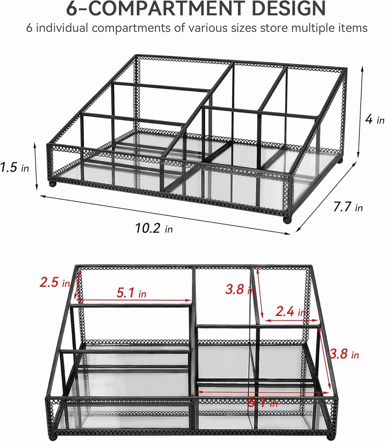 Makeup Organizer with 6 Sections, Make Up Holders and Organizers for Brushes, Make Up, Perfume, Makeup Holder for Desk, Bathroom, Vanity, Black