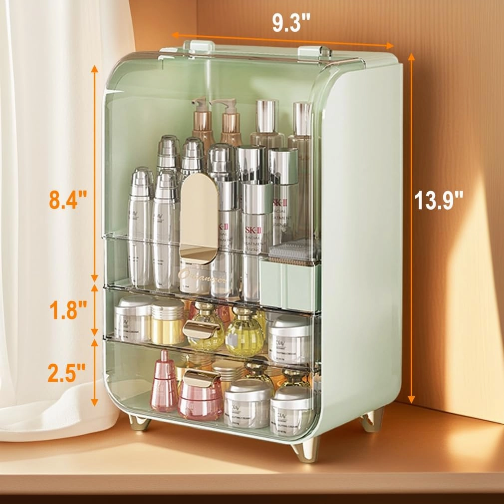 Makeup Storage Box with 2-Tier Drawer and Transparent Cover for Countertop Storage, Makeup Organizer for Skincare, Clear Cosmetic Display Case for Vanity (Avocado Green)