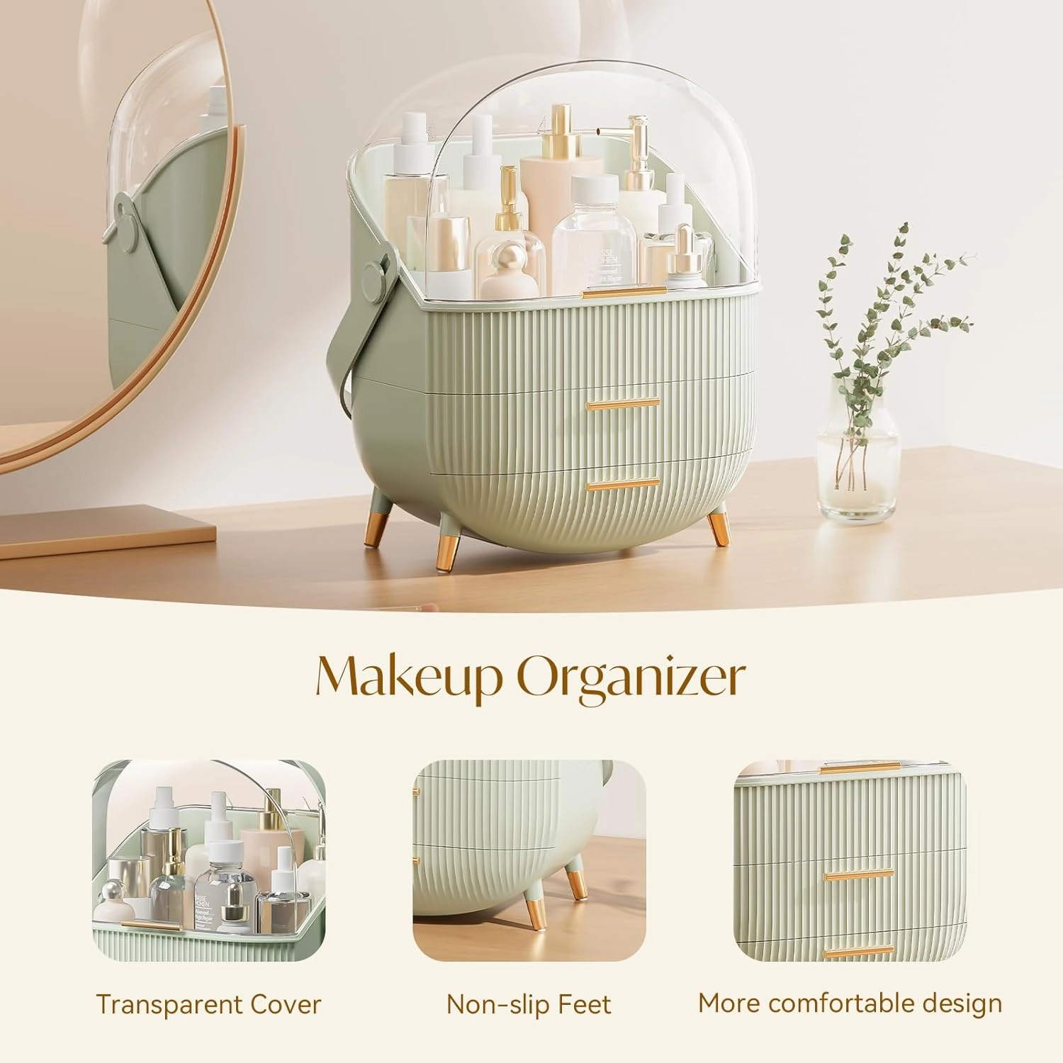 Makeup Storage Organizer with Lid, Waterproof Cosmetics Skincare Organizer for Vanity, Portable Makeup Storage Box for Countertop, Gifts, Women (Light Green)