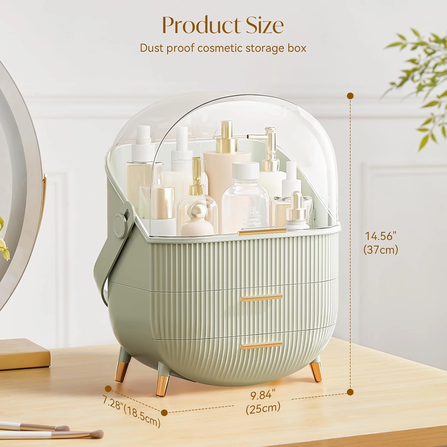 Makeup Storage Organizer with Lid, Waterproof Cosmetics Skincare Organizer for Vanity, Portable Makeup Storage Box for Countertop, Gifts, Women (Light Green)