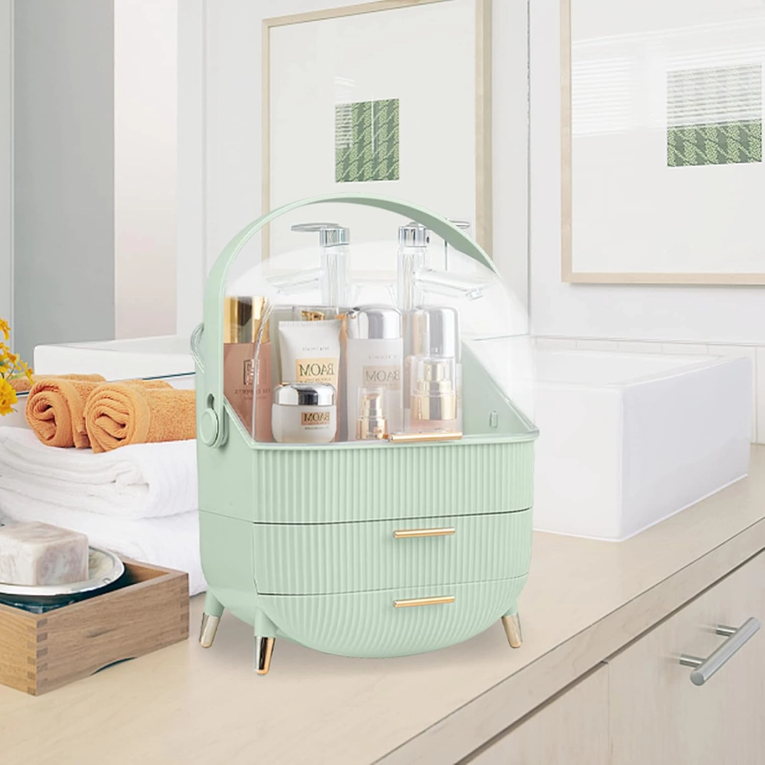 Makeup Storage Organizer with Lid, Waterproof Cosmetics Skincare Organizer for Vanity, Portable Makeup Storage Box for Countertop, Gifts, Women (Light Green)