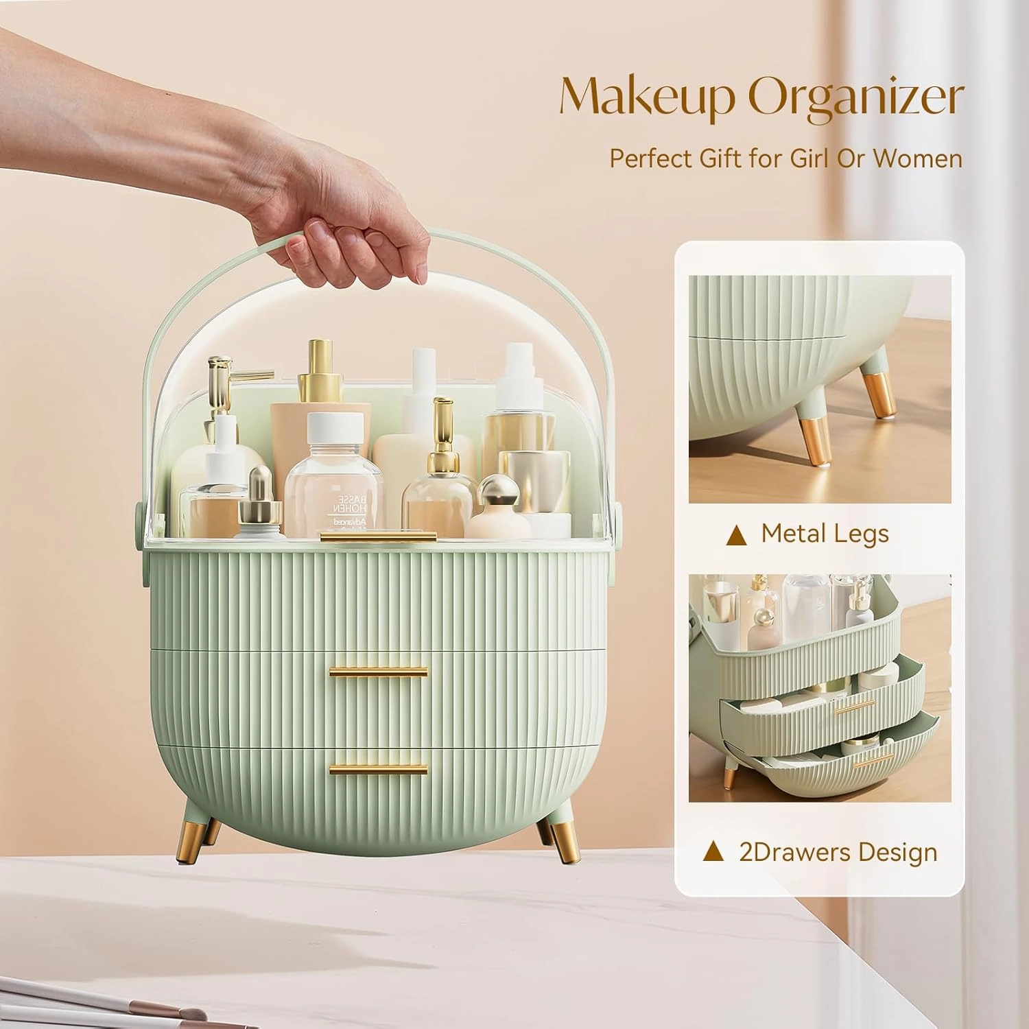 Makeup Storage Organizer with Lid, Waterproof Cosmetics Skincare Organizer for Vanity, Portable Makeup Storage Box for Countertop, Gifts, Women (Light Green)