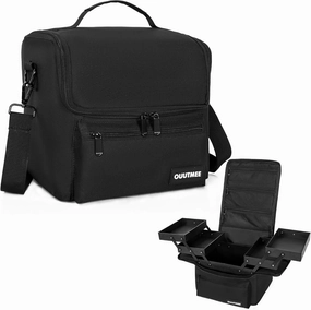 Makeup Travel Train Case, Black Makeup Carrying Organizer Bag, 4 Tier Professional Organizer Case with Straps Pockets for MakeUp Nail Tools