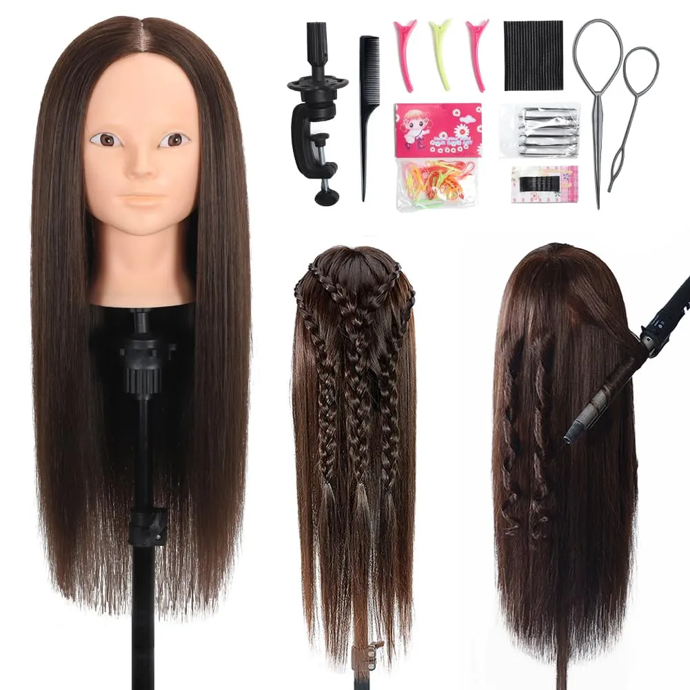 Mannequin Head 70% Human Hair 28"Cosmetology Practice Mannequin Head with Hair Makeup Doll Head for Practice（No makeup 4#）