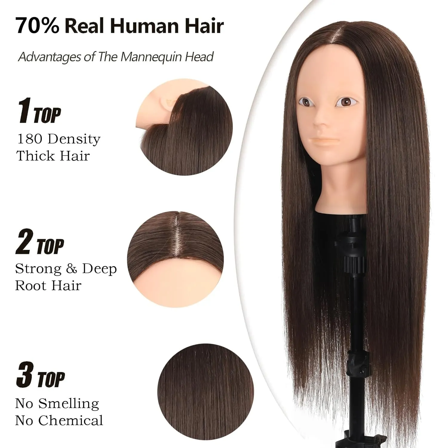 Mannequin Head 70% Human Hair 28"Cosmetology Practice Mannequin Head with Hair Makeup Doll Head for Practice（No makeup 4#）