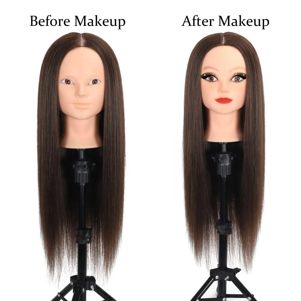 Mannequin Head 70% Human Hair 28"Cosmetology Practice Mannequin Head with Hair Makeup Doll Head for Practice（No makeup 4#）