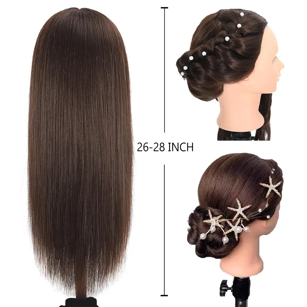 Mannequin Head 70% Human Hair 28"Cosmetology Practice Mannequin Head with Hair Makeup Doll Head for Practice（No makeup 4#）