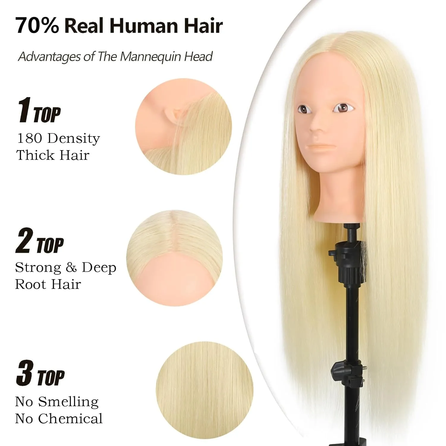 Mannequin Head 70% Real Hair Cosmetology Mannequin Doll Head for Makeup Practice(No Makeup 613#)
