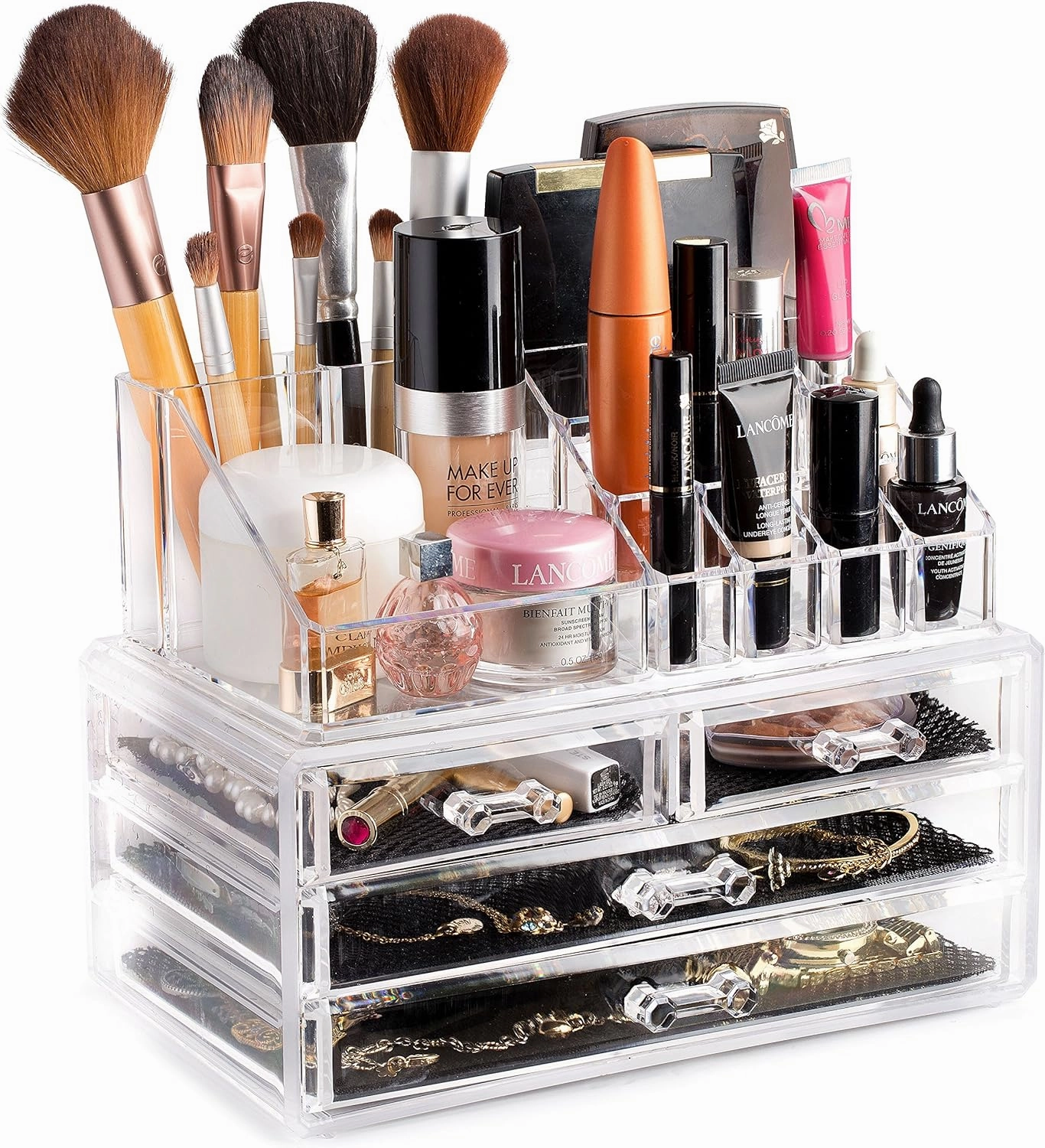 Masirs Clear Makeup Organizer – 16-Compartment Cosmetic and Jewelry Holder, 4-Drawer Vanity Storage, Elegant Clear Design for Makeup and Accessories