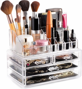 Masirs Clear Makeup Organizer – 16-Compartment Cosmetic and Jewelry Holder, 4-Drawer Vanity Storage, Elegant Clear Design for Makeup and Accessories