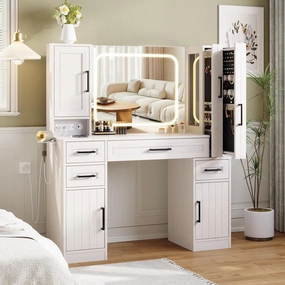 Maupvit Makeup Vanity with Lighted Mirror & Power Strip, Large Vanity Desk with Sliding Jewelry Storage Shelves, 4 Drawers, 3 Cabinets & Hairdryer Rack, 3 Lighting Modes, Bedroom Dressing Table,White