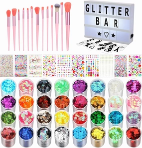 Maxdot Glitter Tattoos Kit for Women 2774 Pcs Gem Stickers Jewels 32 Colors The Face Glitter Bar Personalized Light Box Sign with Letters and Numbers for Girls Women Wedding Birthday Hen Party Gift