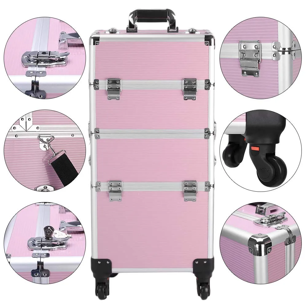 mefeir 3 in 1 Rolling Makeup Train Case, Large Cosmetic Trolley with 360° Rotation Wheels & 2 Drawers, Professional for Makeup & Tattoo Artist & Hairstylist
