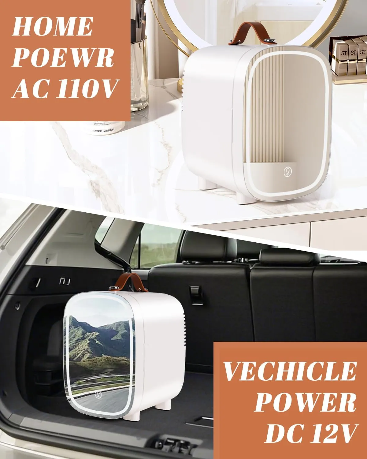Mini Fridge for Bedroom, 4 Liter/6 Can Skincare Fridge With LED Mirror,12v AC/DC Cooler & Warmer Portable Small Refrigerator for Drinks, Makeup, Dorm, Office and Car(White)