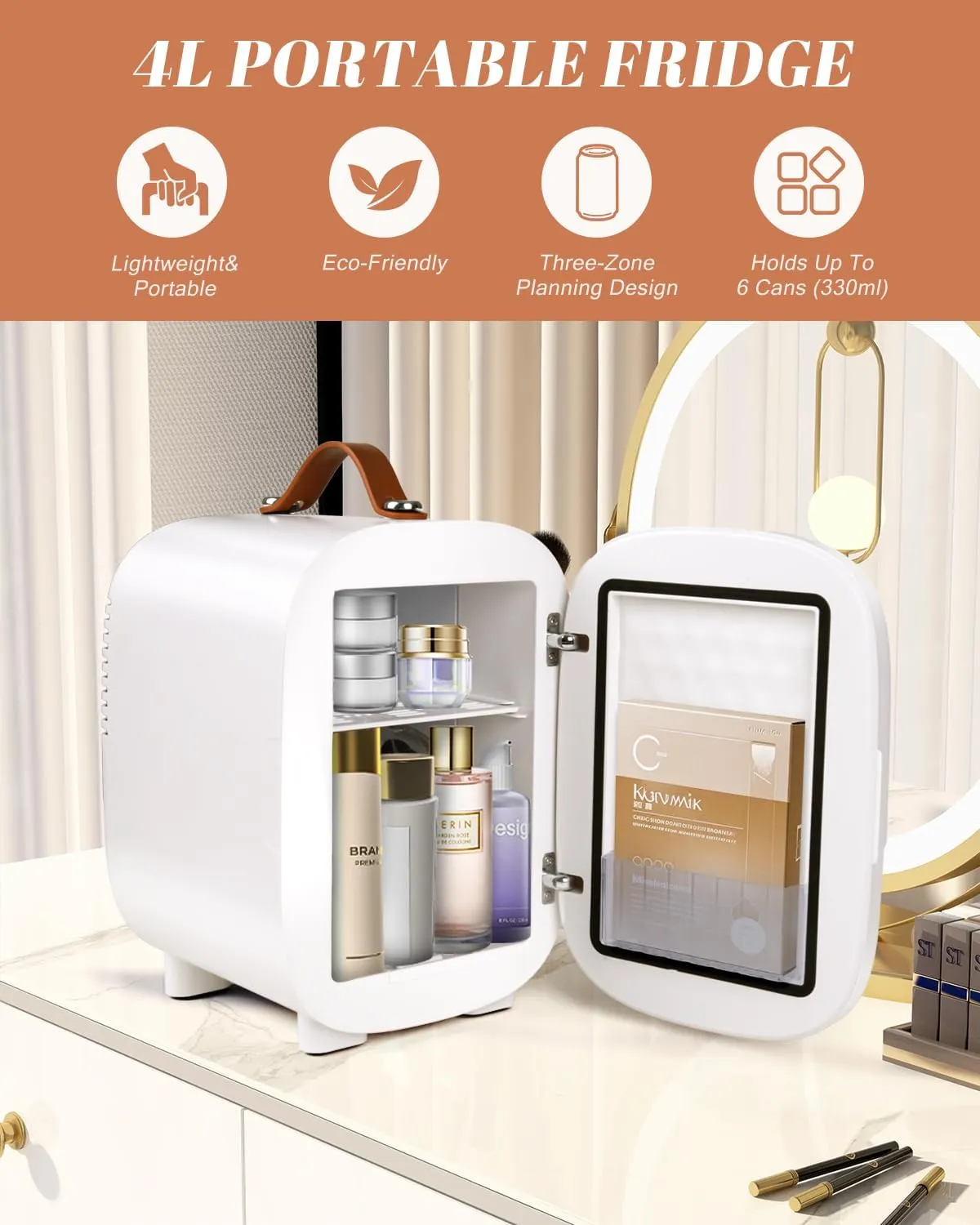Mini Fridge for Bedroom, 4 Liter/6 Can Skincare Fridge With LED Mirror,12v AC/DC Cooler & Warmer Portable Small Refrigerator for Drinks, Makeup, Dorm, Office and Car(White)