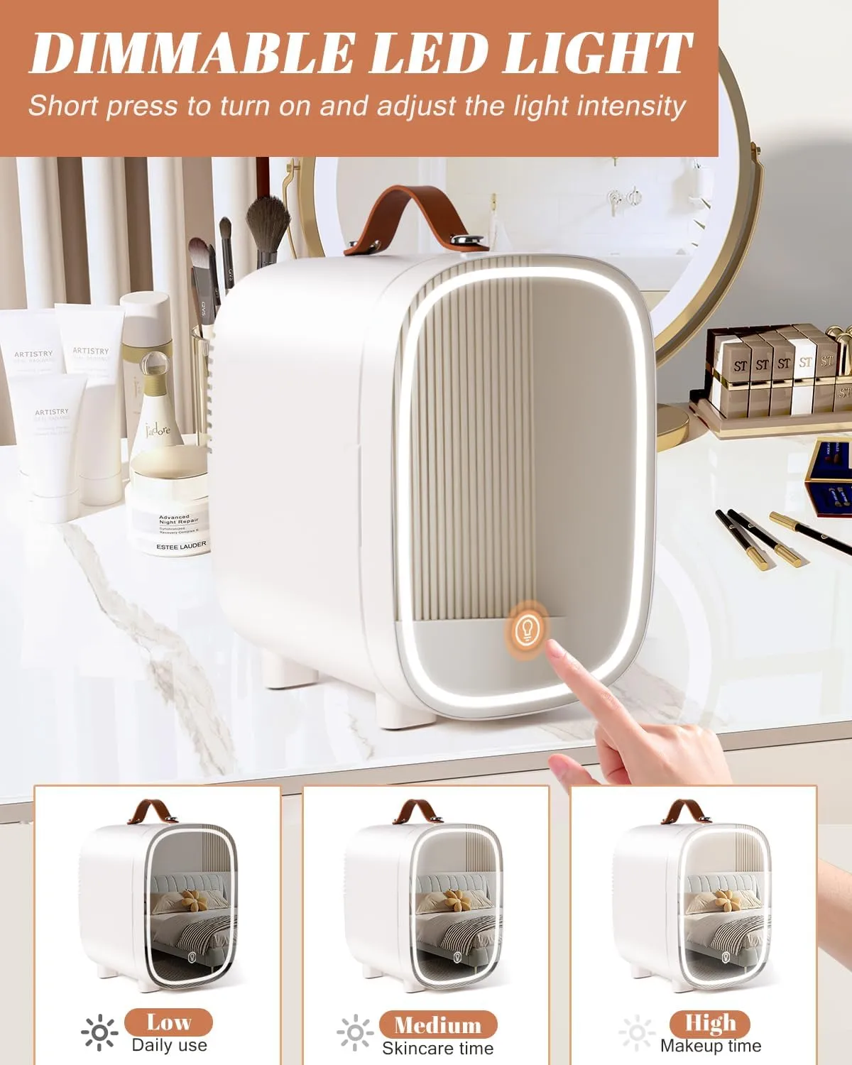 Mini Fridge for Bedroom, 4 Liter/6 Can Skincare Fridge With LED Mirror,12v AC/DC Cooler & Warmer Portable Small Refrigerator for Drinks, Makeup, Dorm, Office and Car(White)